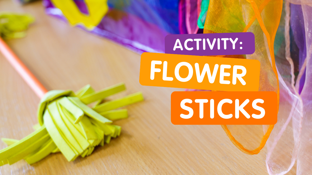 A set of flower sticks which are a type of circus equipment. words read: activity: flower sticks